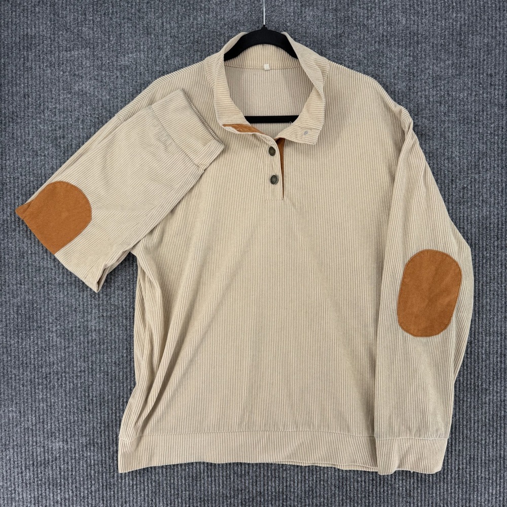 Mens Tan Corduroy Henley Pullover Sweatshirt with Faux Suede Elbow Patches